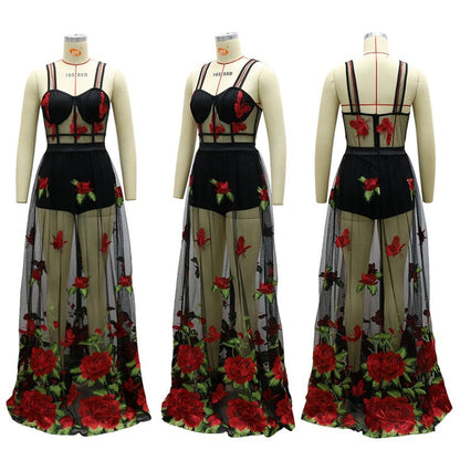 Maxi dress with floral embroidery and spaghetti straps – Rosalie