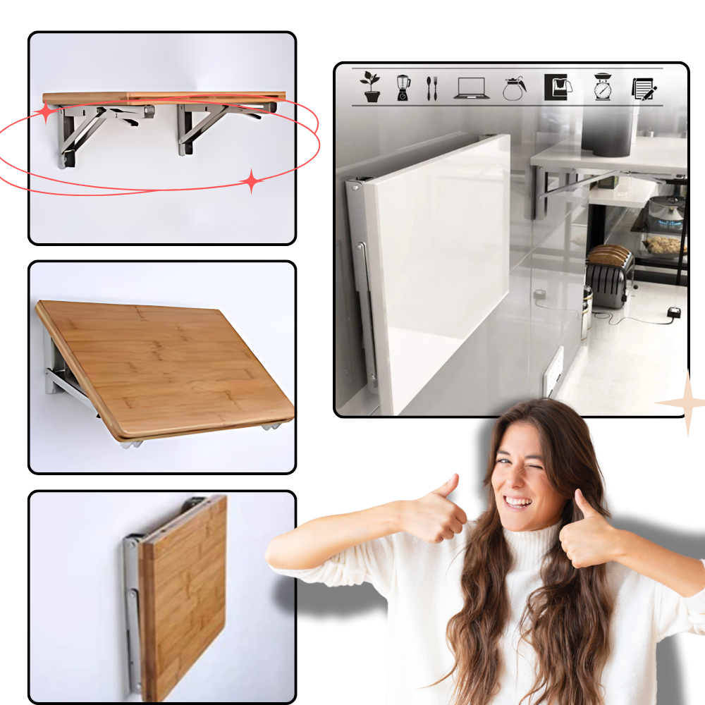 Collage showing a shelf folded flat against the wall, partly lowered and opened, with a smiling woman giving thumbs up 4
