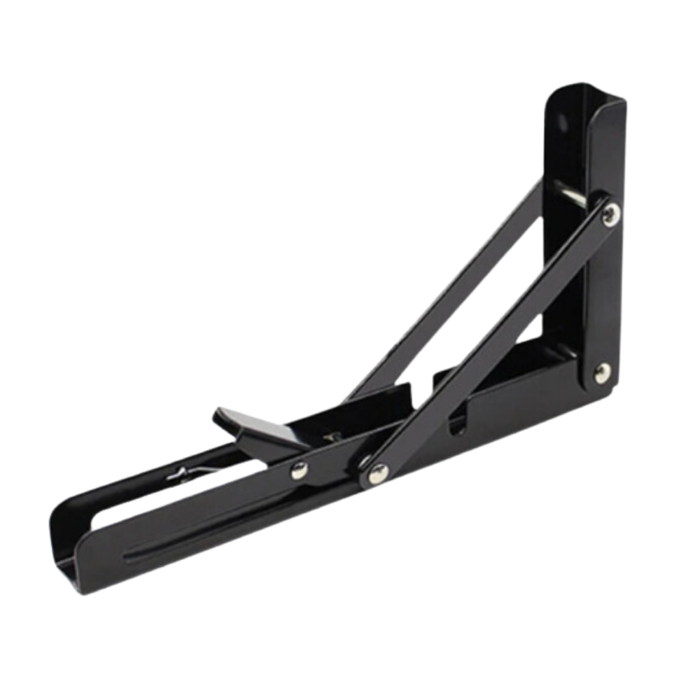 Single folding bracket in black finish, opened out, shown on a plain white background 9