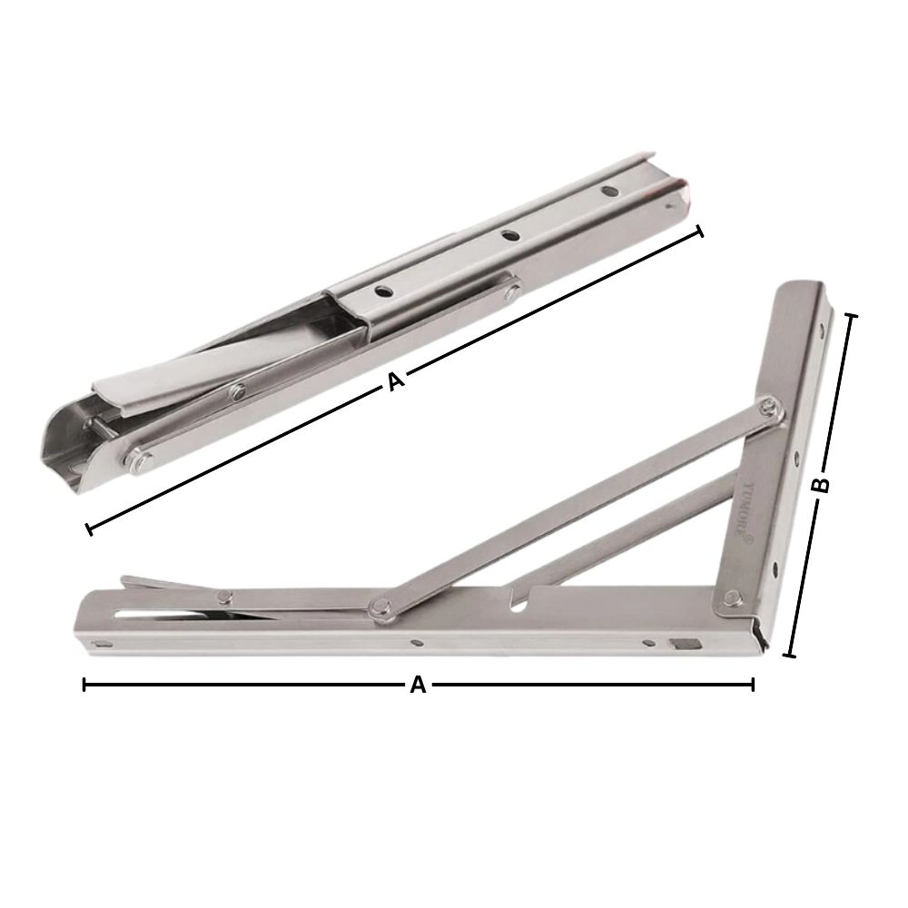 Stainless steel bracket shown folded and open, with lines marking the length and height dimensions 6