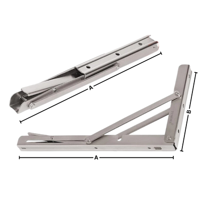 Stainless steel bracket shown folded and open, with lines marking the length and height dimensions 6