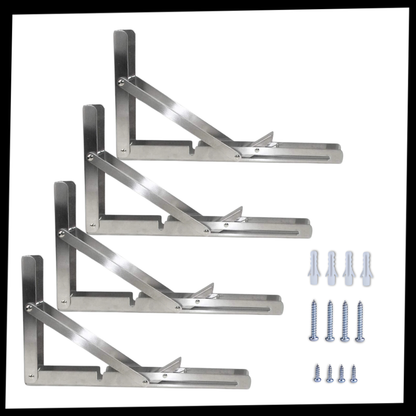 Flat lay of four steel folding brackets with matching wall plugs and screws 7