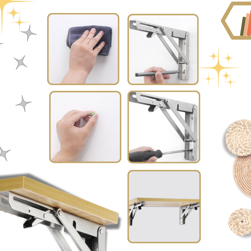 Collage of installation steps: cleaning the wall, inserting a wall plug, screwing in the bracket, and the finished shelf 2
