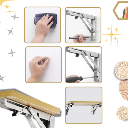Collage of installation steps: cleaning the wall, inserting a wall plug, screwing in the bracket, and the finished shelf 2