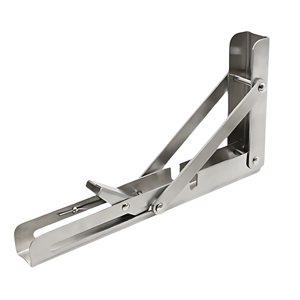 Single stainless steel folding bracket, opened out, with its release catch and diagonal support arm 8