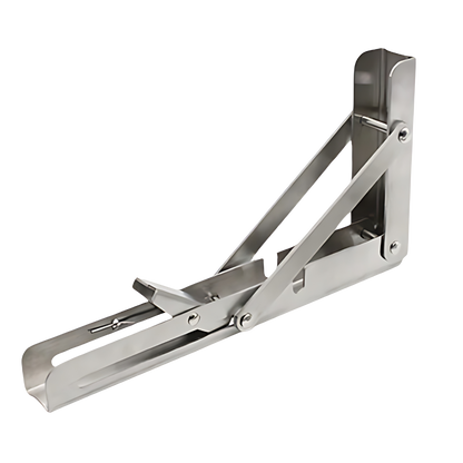 Single stainless steel folding bracket, opened out, with its release catch and diagonal support arm 8