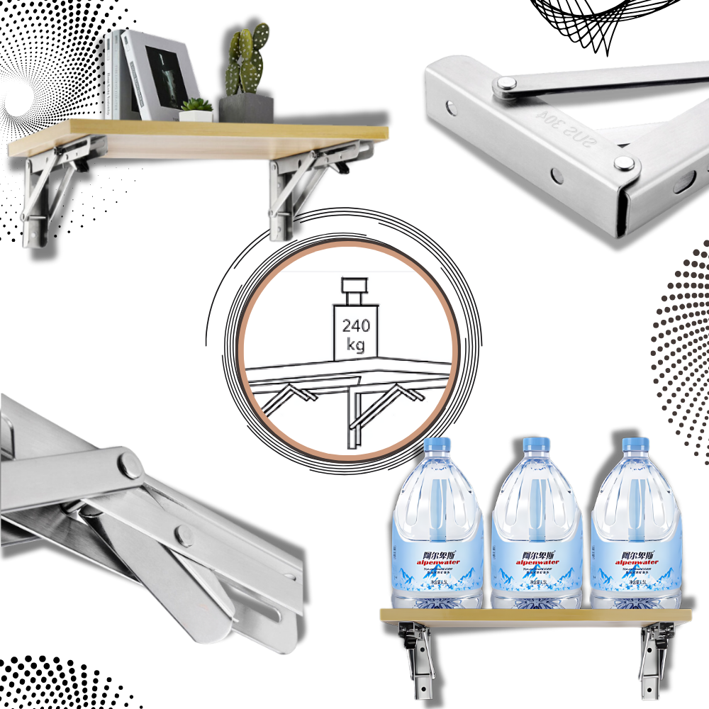 Collage of brackets holding a wooden shelf, a load diagram, close-ups and water bottles resting on a shelf 1