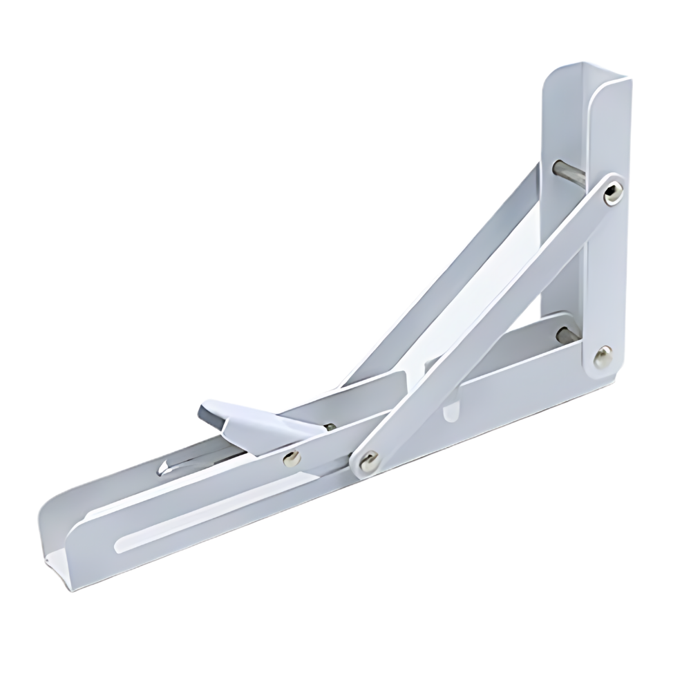 Single folding bracket in white finish, opened out, shown on a plain white background 10