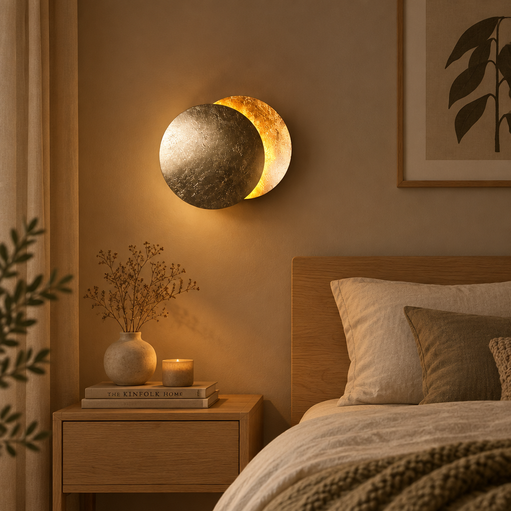 Lit wall lamp with textured metallic disc glowing above a wooden bedside table in a cosy bedroom 1