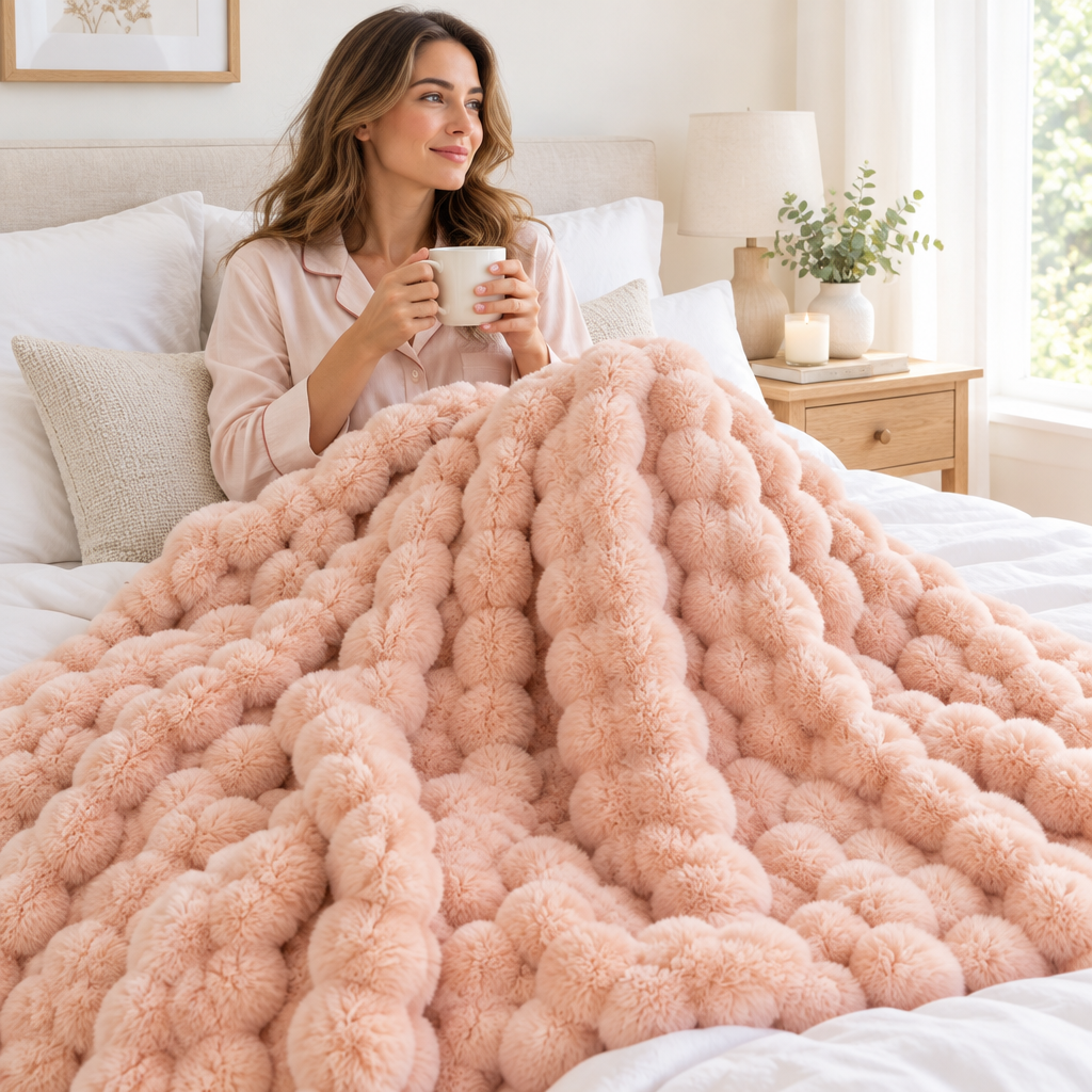 Woman in pink pyjamas holding a mug in bed under a pale pink bubble-textured fluffy throw 1