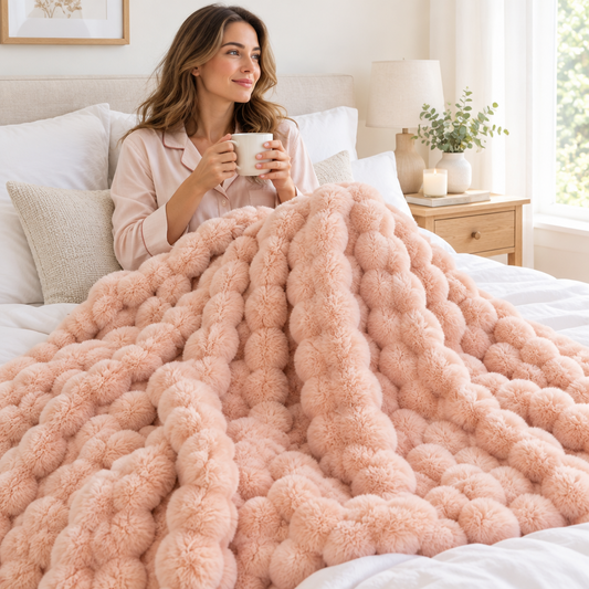Woman in pink pyjamas holding a mug in bed under a pale pink bubble-textured fluffy throw 1