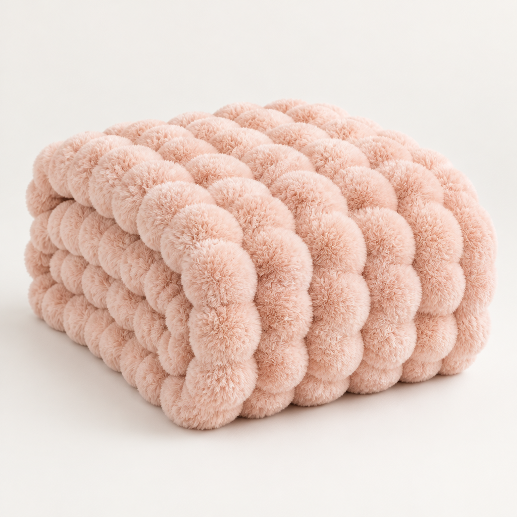 Pink plush blanket folded into a thick stack, showing large fluffy bubbles against a plain background 15