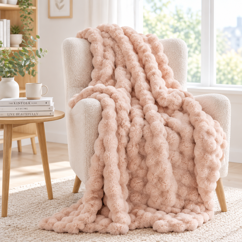 Pale pink bubble-textured throw draped over a cream bouclé armchair in a bright living room 15