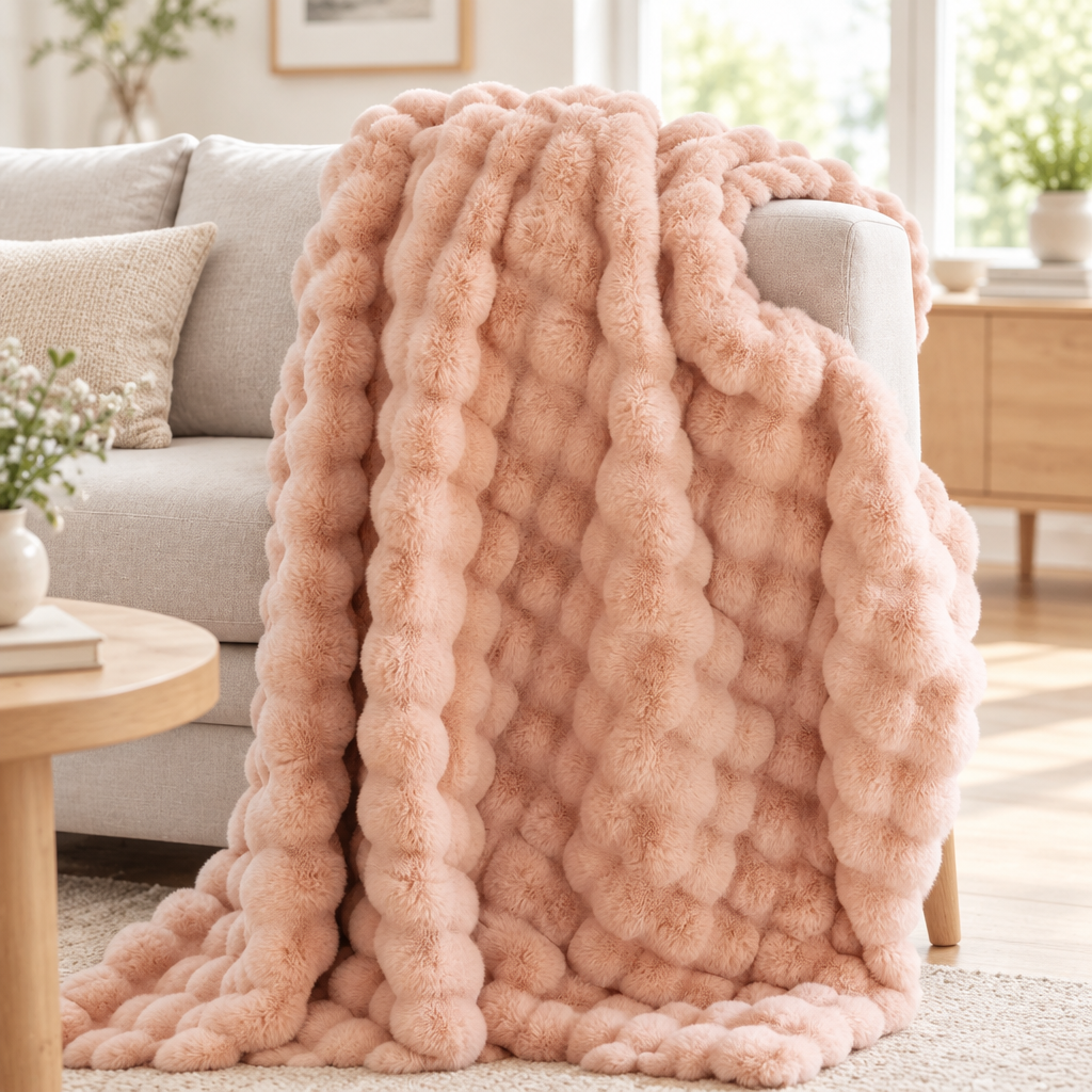 Peach-pink bubble-textured plush blanket draped over a grey sofa near a wooden side table 14