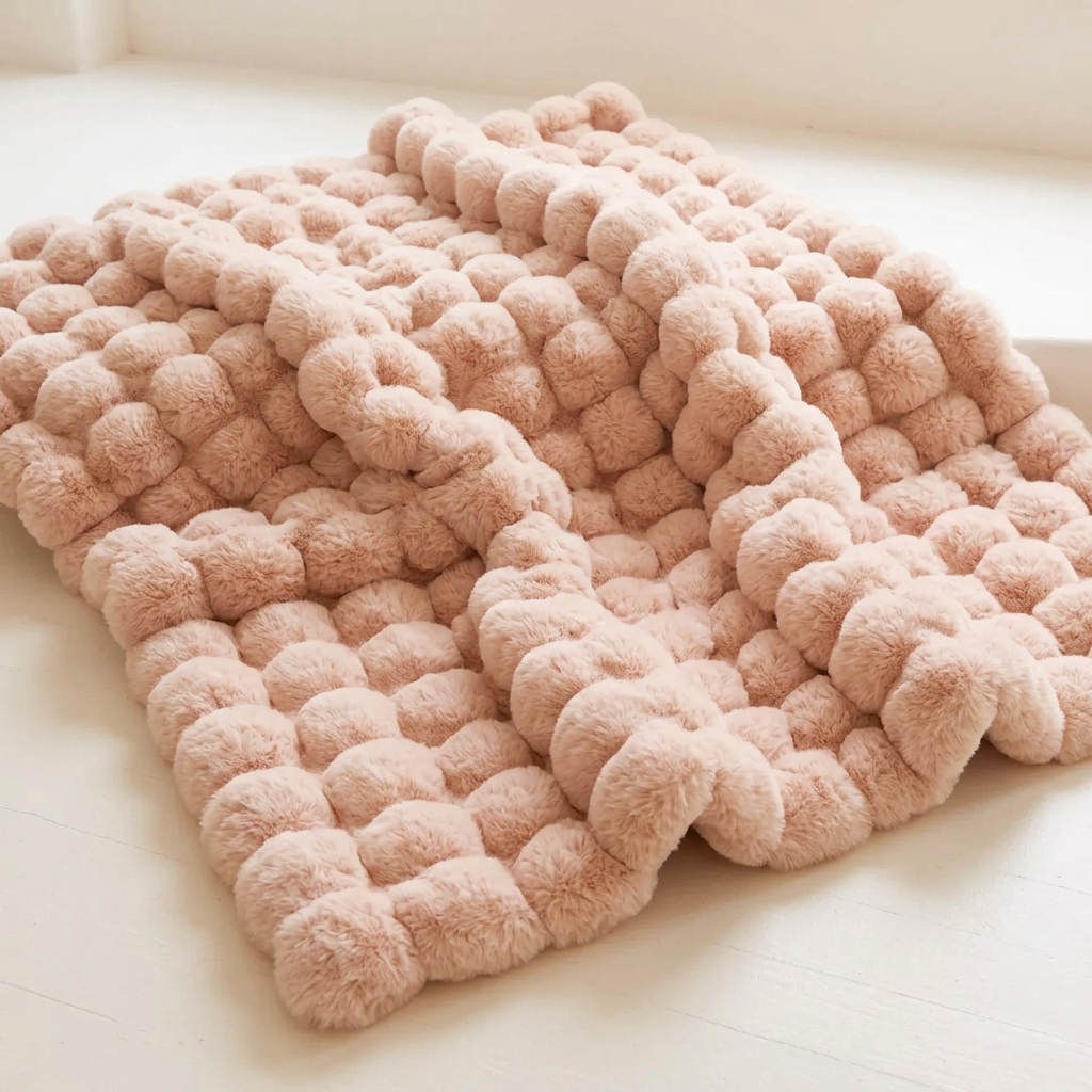Pink blanket with large fluffy pom-pom style bubbles draped over a pale surface 15