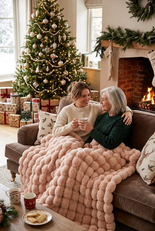 Two women share a blush pink bubble-textured fluffy throw on a sofa beside a decorated Christmas tree 1