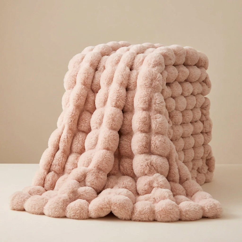 Peach-pink bubble-textured blanket folded and draped, showing the pom-pom-like raised bubbles 15