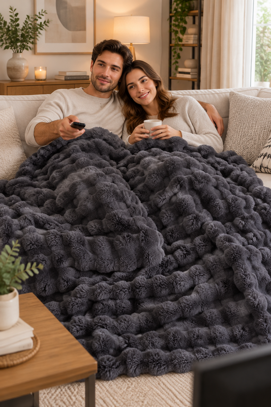 Couple on a sofa watching television under a dark grey bubble-textured plush throw 1