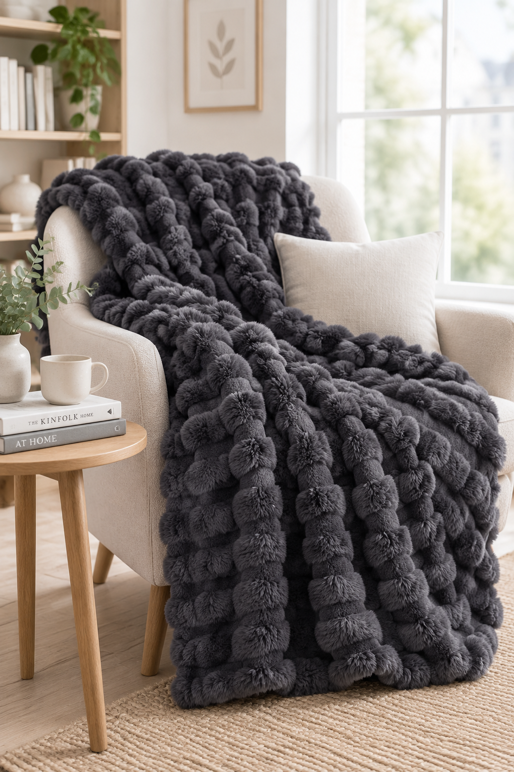 Dark grey pom-pom textured throw draped over a cream armchair next to a wooden side table 14