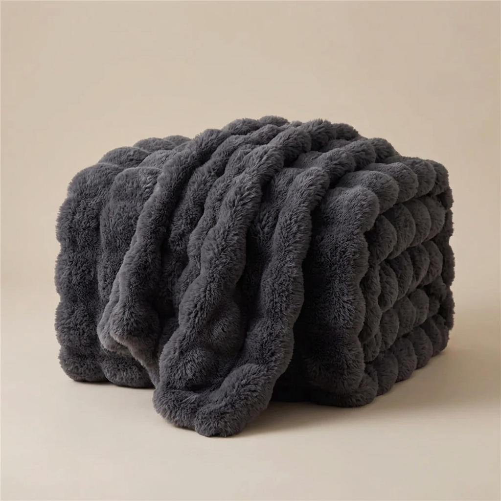Dark grey bubble-textured blanket folded and draped over itself against a neutral backdrop 14
