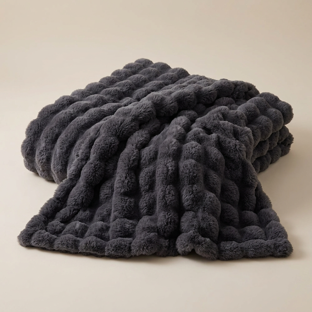 Dark grey plush blanket with a raised bubble texture laid out on a neutral background 14