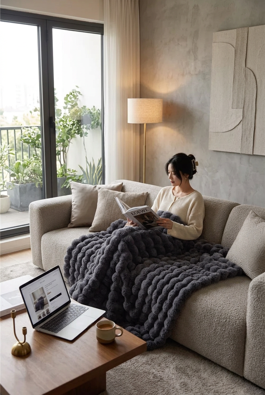 Woman reading a magazine on a cream sofa under a chunky dark grey bubble-textured fluffy blanket 1