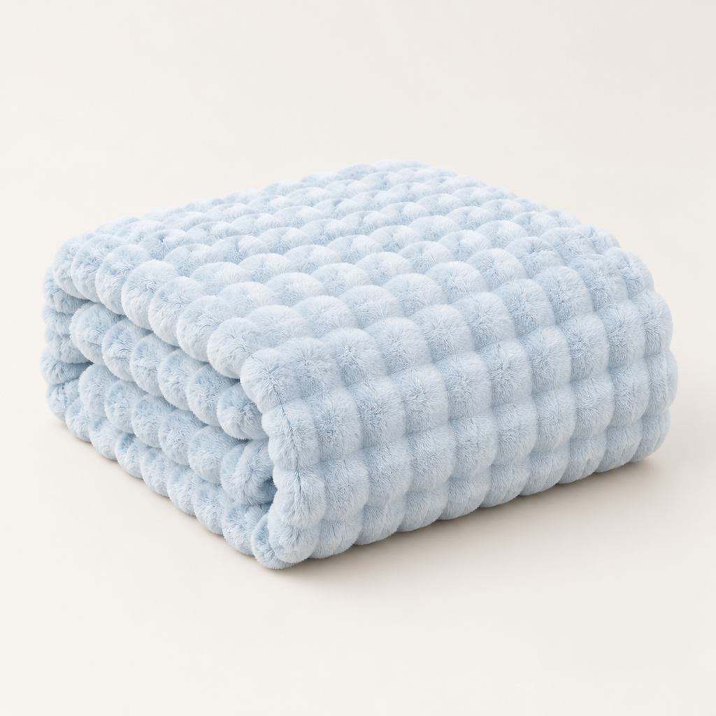 Pale blue plush blanket folded in a neat stack against a plain light background 12