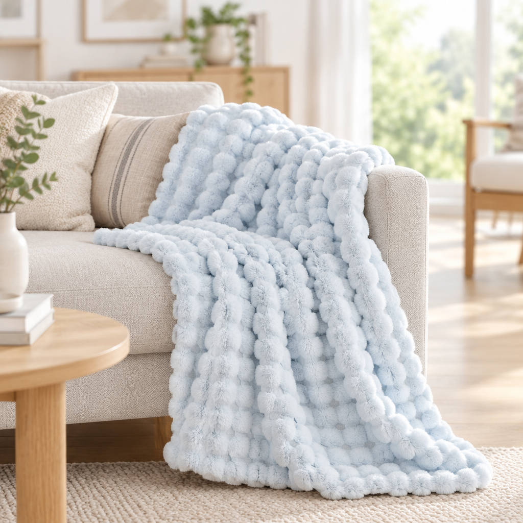 Pale blue bubble-textured plush blanket draped across a beige sofa beside a round wooden table 16