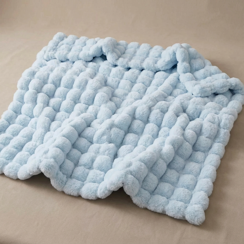Pale blue fluffy blanket with a bubble texture laid out on a beige background 17