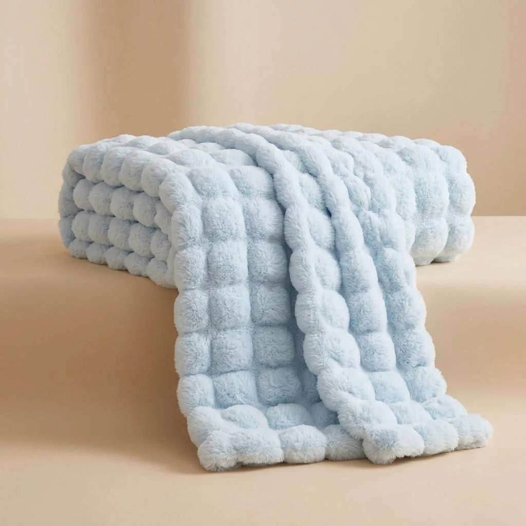 Pale blue bubble-textured blanket folded with one end draped down a step 17