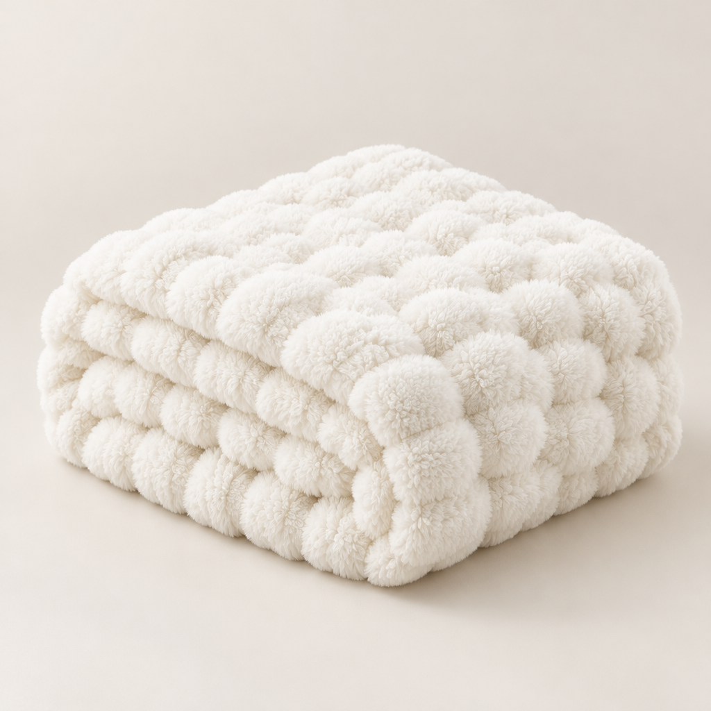 Cream-white plush blanket folded into a thick stack, with large fluffy bubbles on a plain background 16