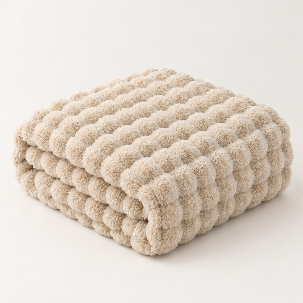 Beige plush blanket folded into a stack, showing its raised bubble texture against a plain background 13