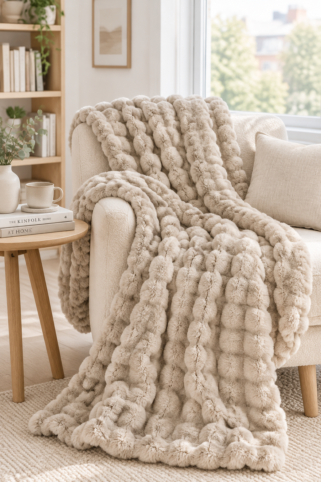 Beige bubble-textured throw draped over a cream armchair beside a wooden side table 13