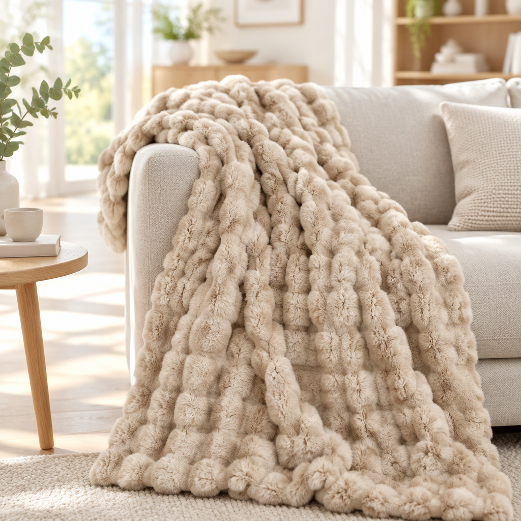 Beige bubble-textured plush blanket draped over the arm of a light sofa in a bright living room 12