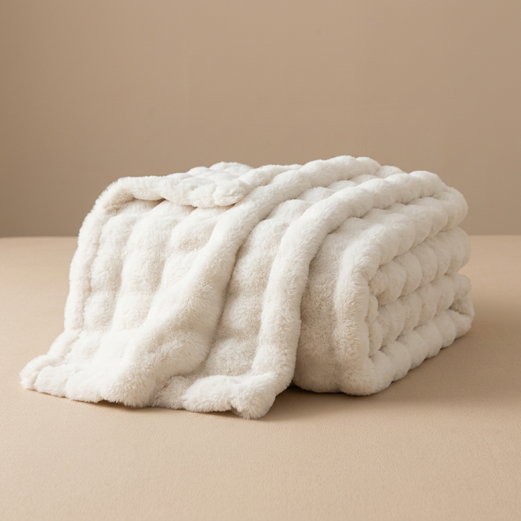 Cream white fluffy blanket folded in a stack, shown on a beige surface 16