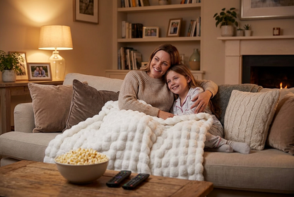 Mother and daughter cuddled under a white bubble-textured fluffy blanket on a sofa with popcorn 1