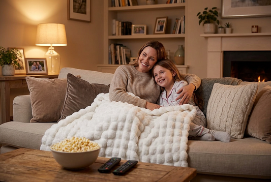 Mother and daughter cuddled under a white bubble-textured fluffy blanket on a sofa with popcorn 1