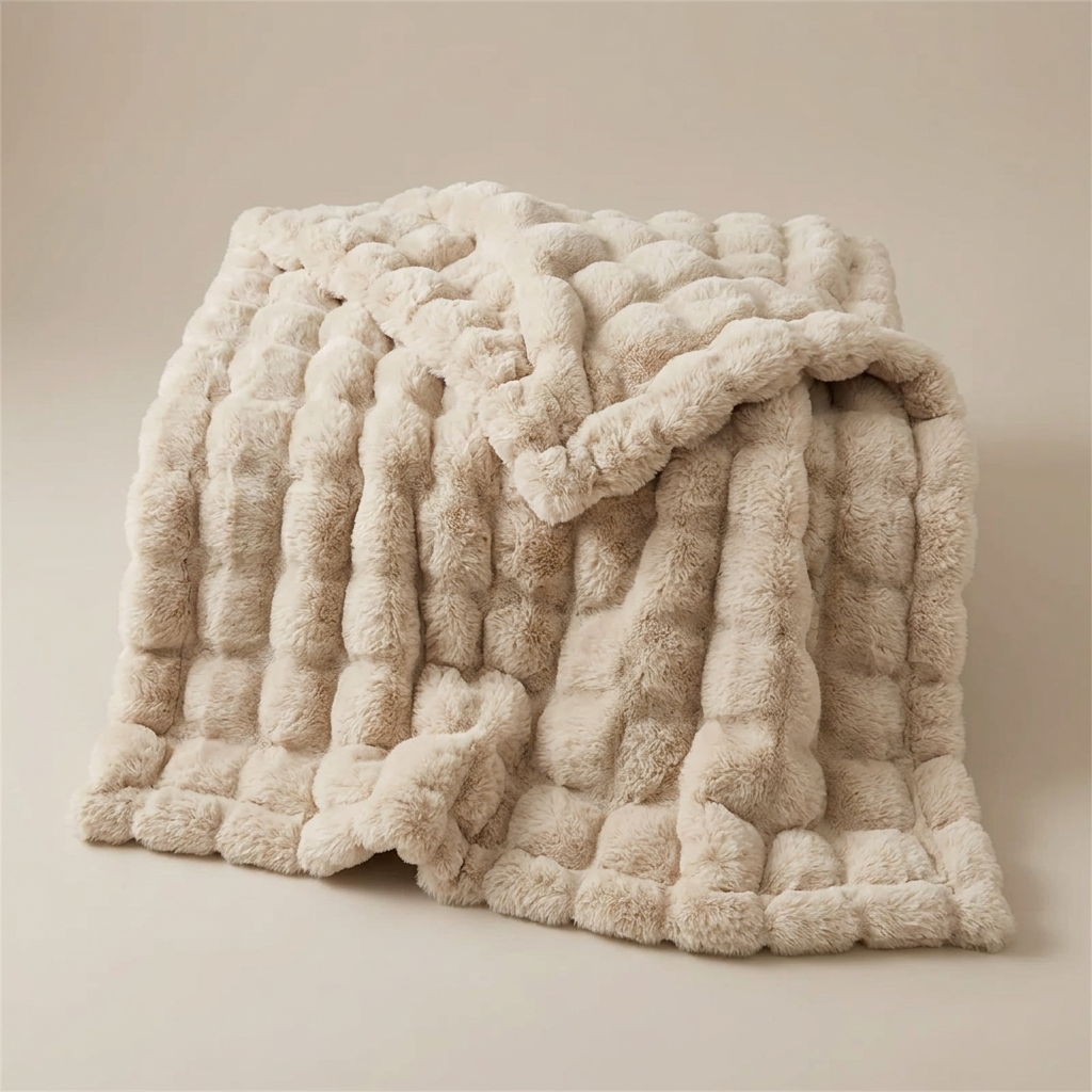 Beige bubble-textured plush blanket folded loosely on a plain neutral background 13