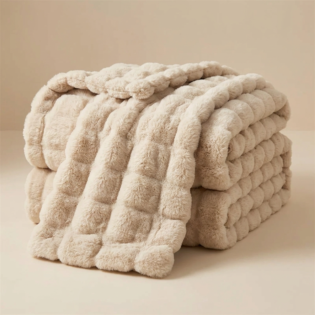 Beige bubble-textured blanket folded in a neat stack against a plain background 13
