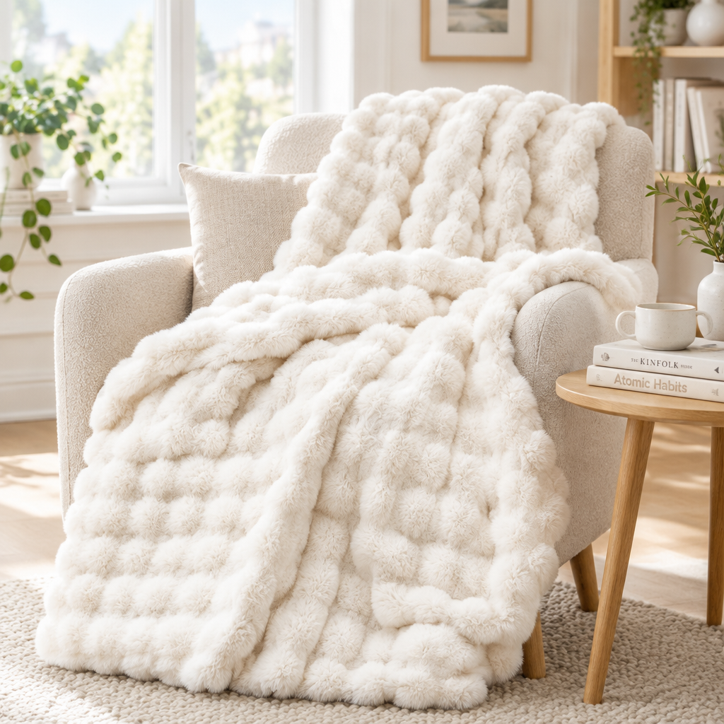 Cream white bubble-textured throw draped over an armchair with a cushion beside a wooden side table 16