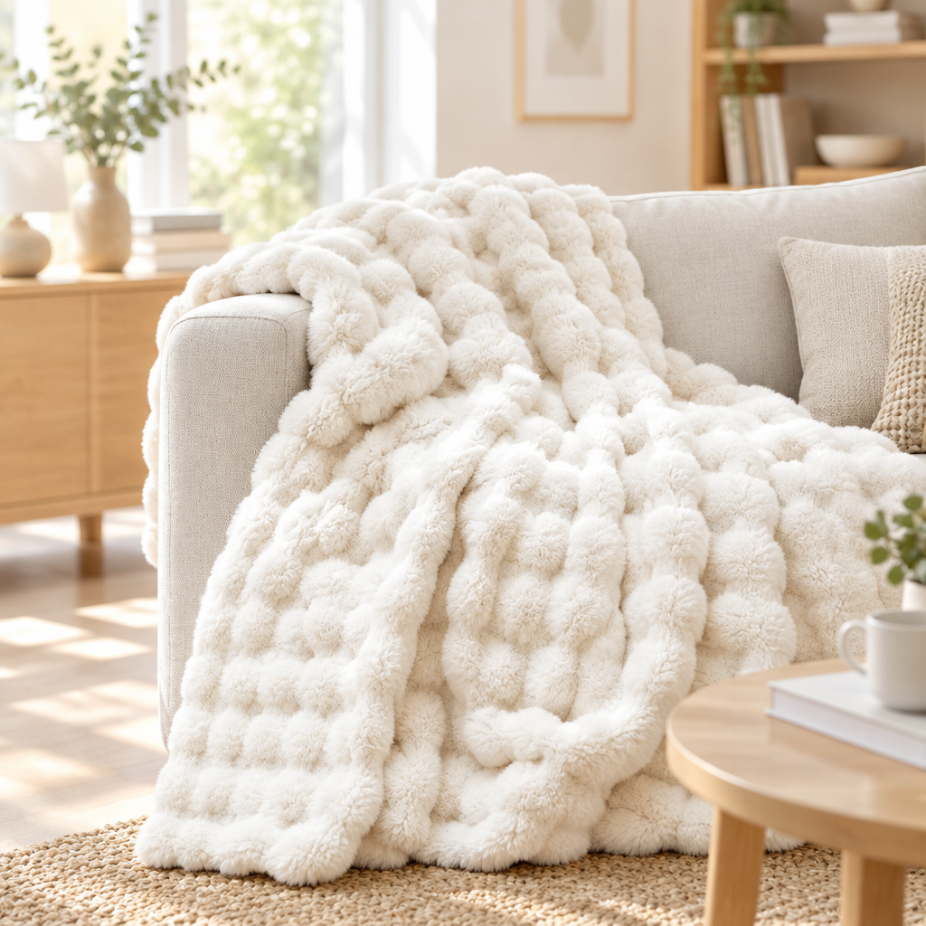 Cream white bubble-textured plush blanket draped over a sofa arm in a sunny living room 15