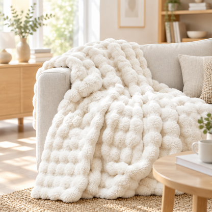 Cream white bubble-textured plush blanket draped over a sofa arm in a sunny living room 15