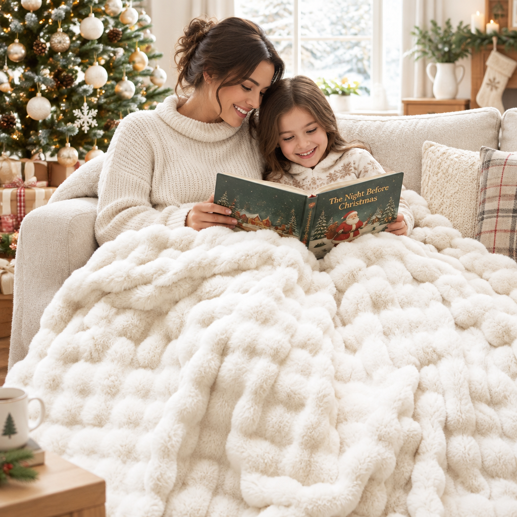 Mother and daughter read a picture book under a cream fluffy textured blanket on a sofa by a Christmas tree 1