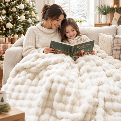Mother and daughter read a picture book under a cream fluffy textured blanket on a sofa by a Christmas tree 1