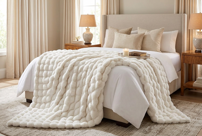 Cream bubble-textured faux fur throw draped over the foot of a bed in a neutral bedroom 1