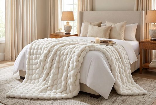 Cream bubble-textured faux fur throw draped over the foot of a bed in a neutral bedroom 1