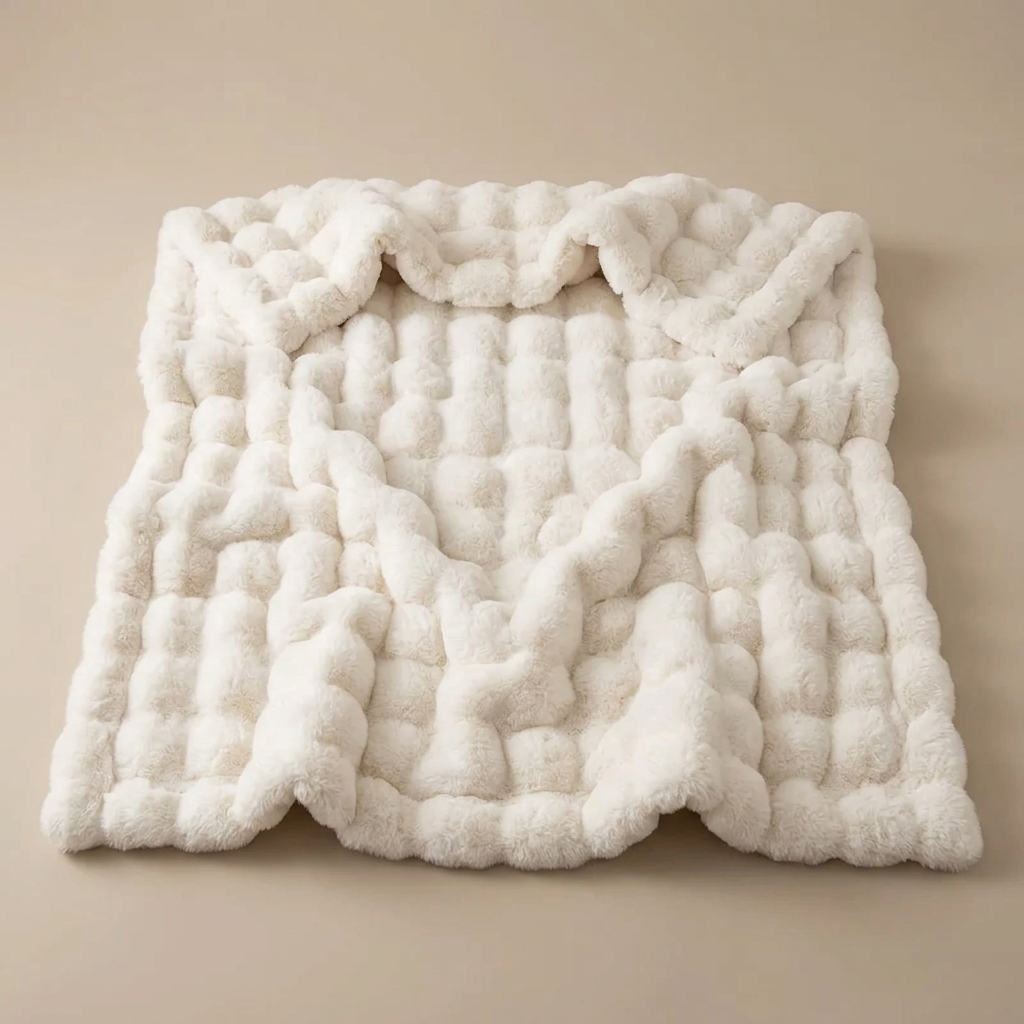 Cream-white bubble-textured plush blanket laid flat on a beige background with slightly ruffled edges 16