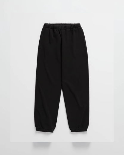 Flat lay of black joggers with an elasticated waistband, side pockets and gathered ankle cuffs. 10