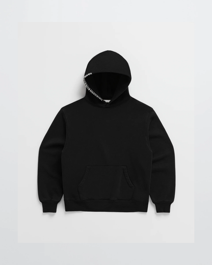 Flat lay of the black hoodie with a kangaroo pocket and white stitching along the edge of the hood. 5