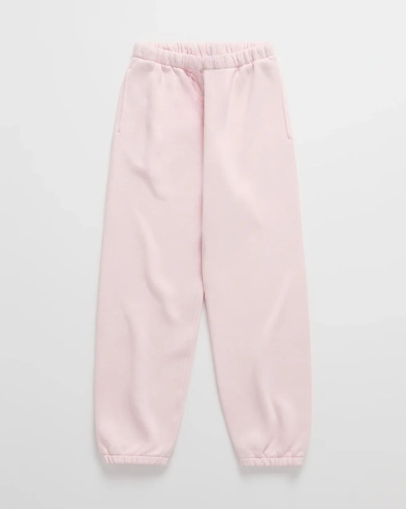 Flat lay of soft pink joggers with an elastic waistband, side pockets and gathered ankle cuffs. 8